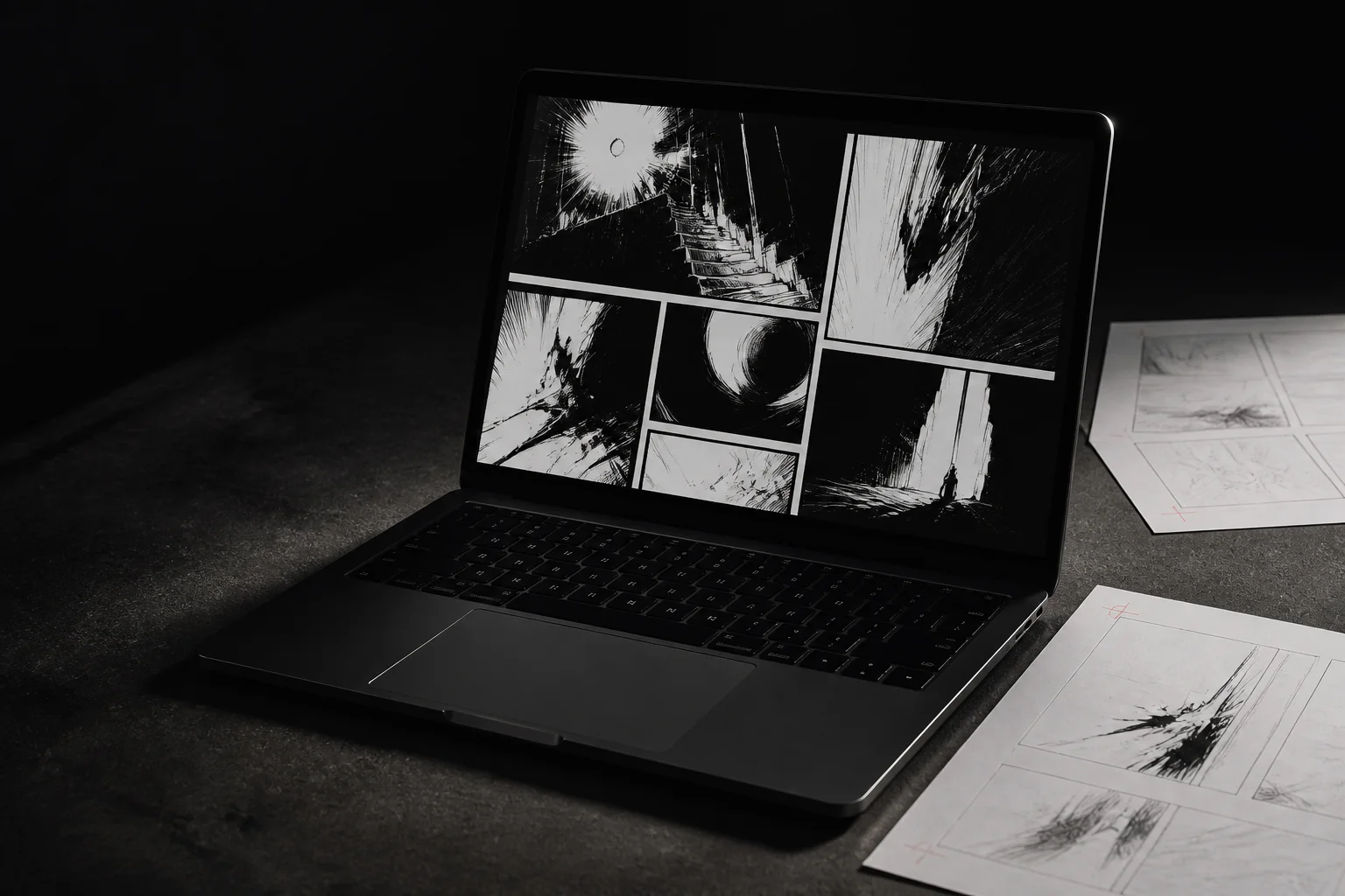 Black laptop displaying abstract sequential ink artwork beside storyboard sheets