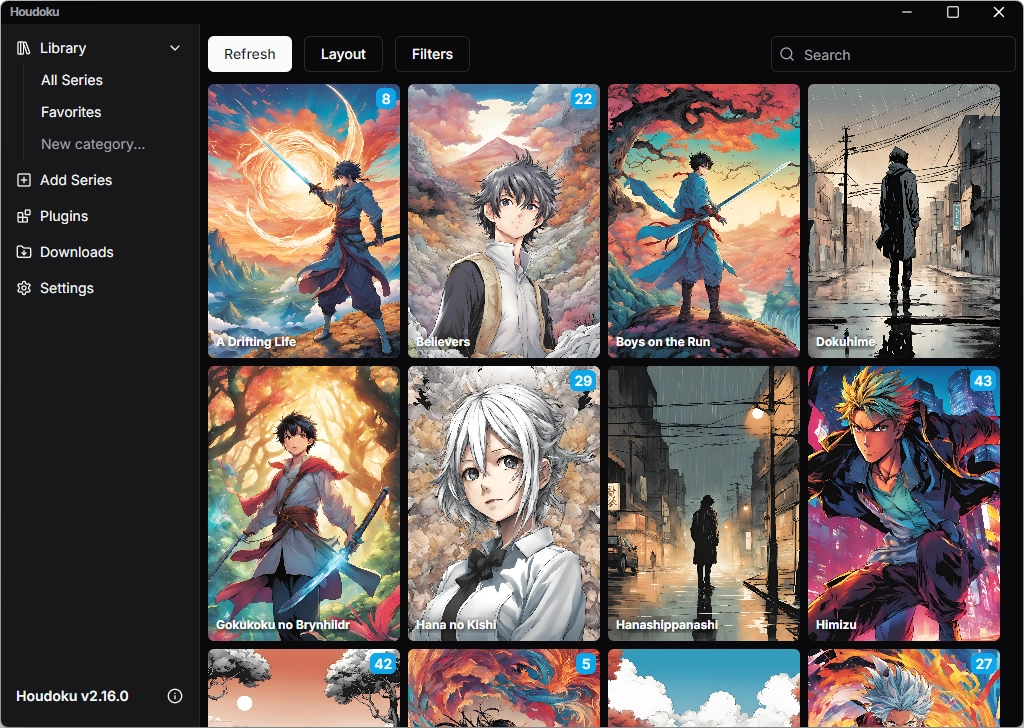 Desktop library with series covers, unread counts, and filters