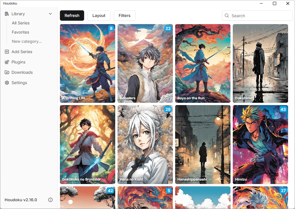 Desktop library in light mode with series covers, unread counts, and filters